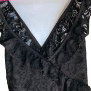Bebe Black Lace Cross Bodysuit One Piece Back Ruffle Boho Whimsigoth, sz Medium